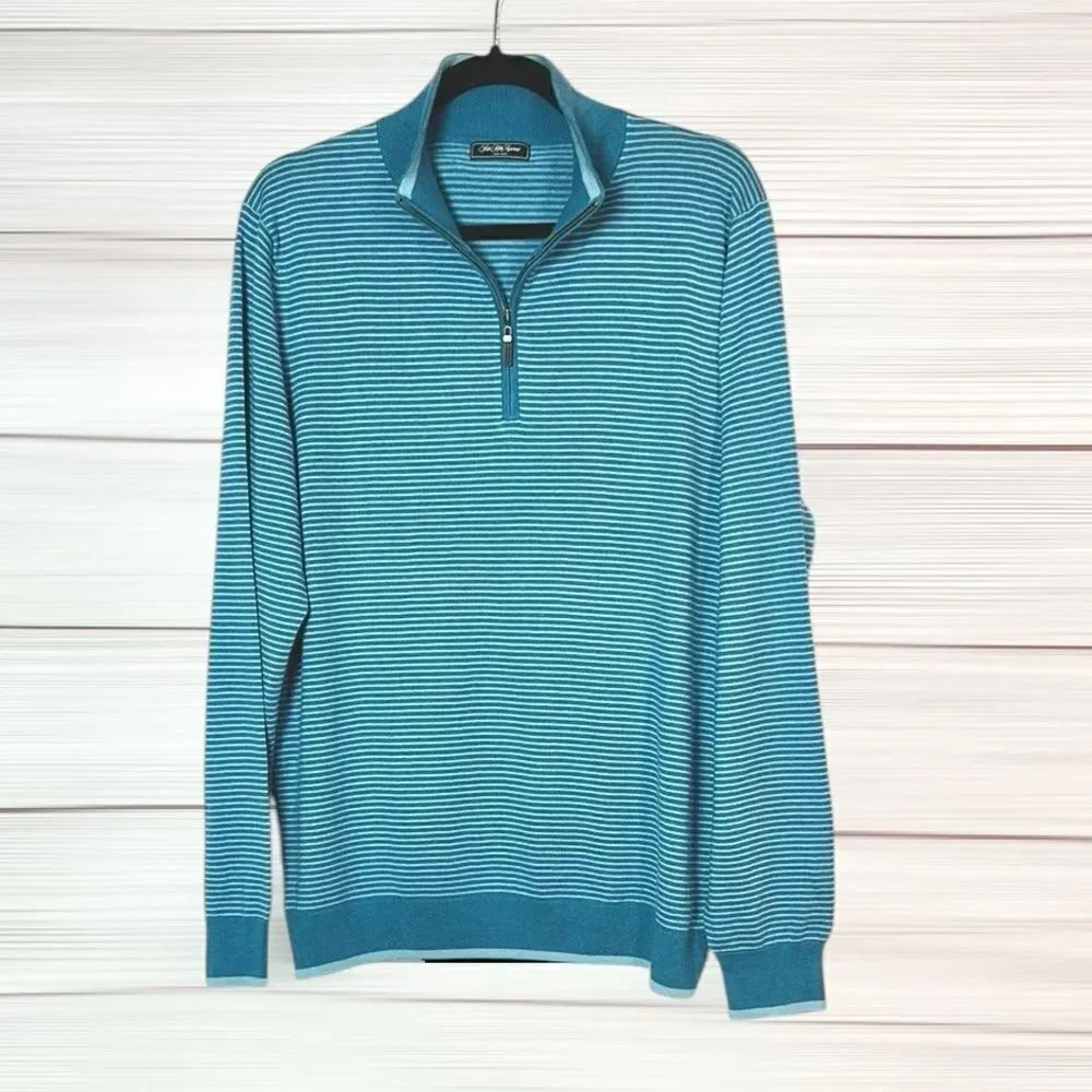 Saks Fifth Avenue Blue Striped Sweater Quarter Zip Silk Cotton Men’s L